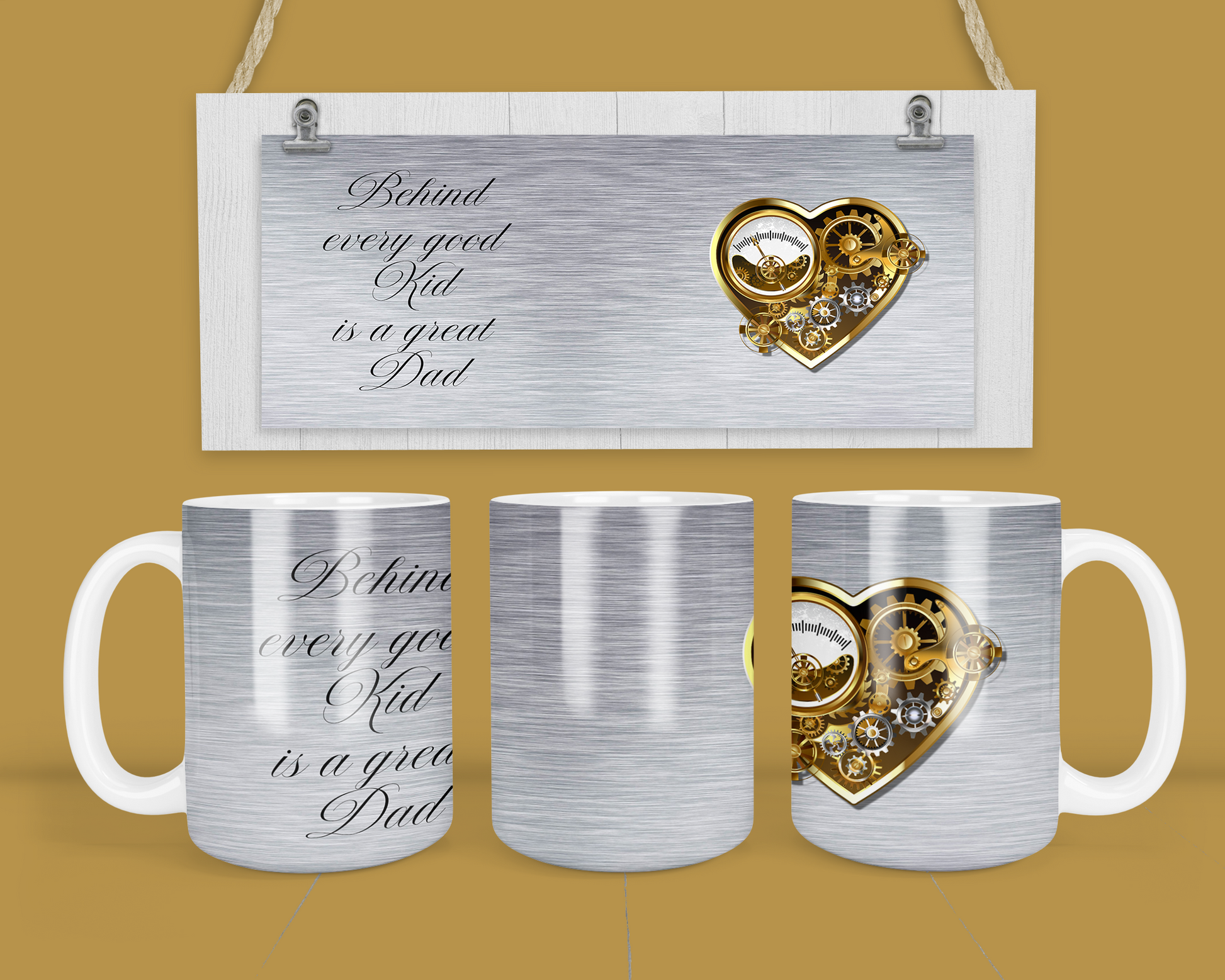 "Celebrate the hardworking and loving fathers in your life with this 11 oz mug. Featuring a gold heart-shaped gear design, it symbolizes the strength, dedication, and love that fathers bring to their families every day. A perfect gift to show your appreciation and admiration.