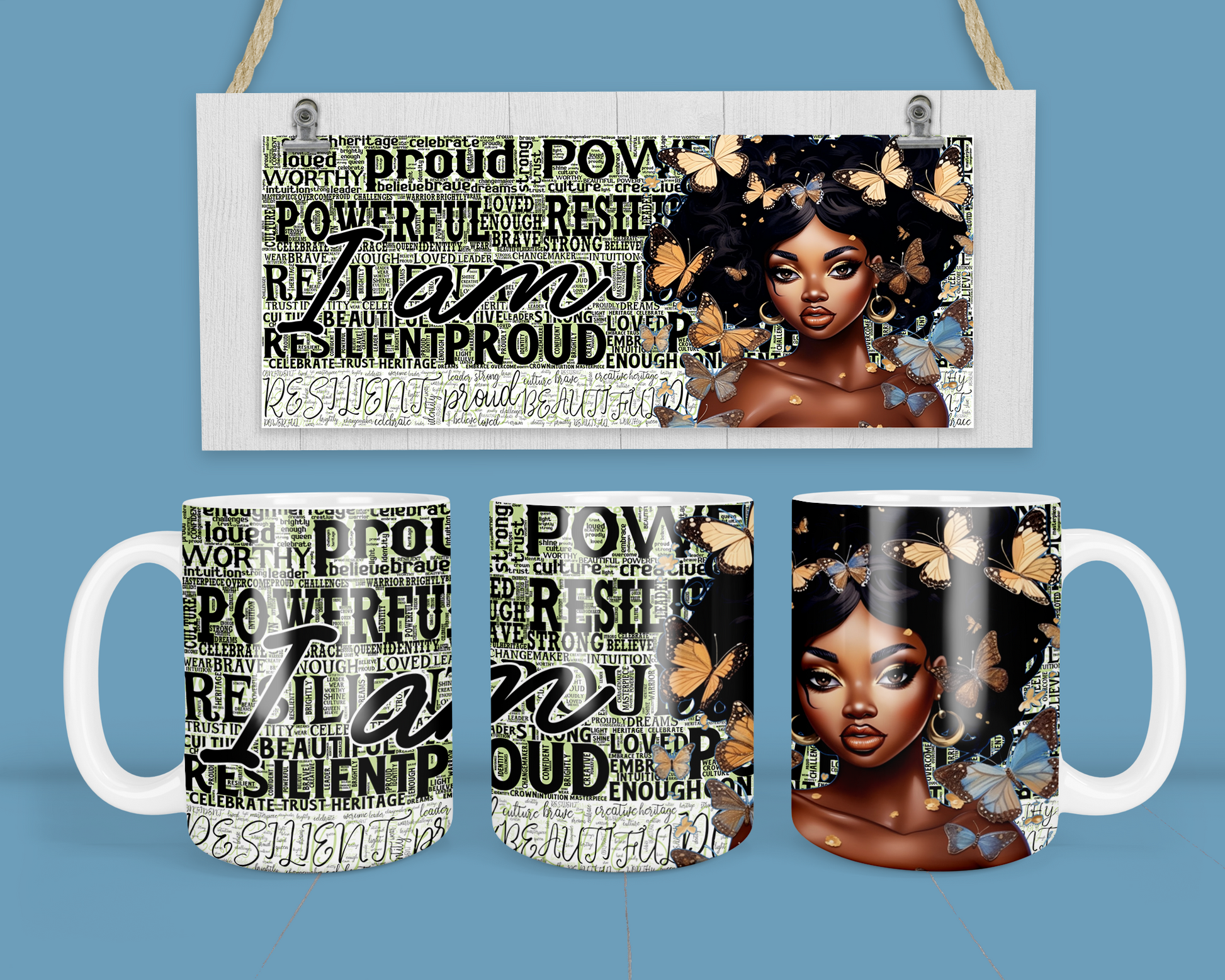 Celebrate pride and beauty with this 11 oz mug featuring a stunning image of a Black woman and the empowering words 'I am proud' repeated all around. Perfect for your morning coffee or tea, it’s a tribute to strength and self-love.