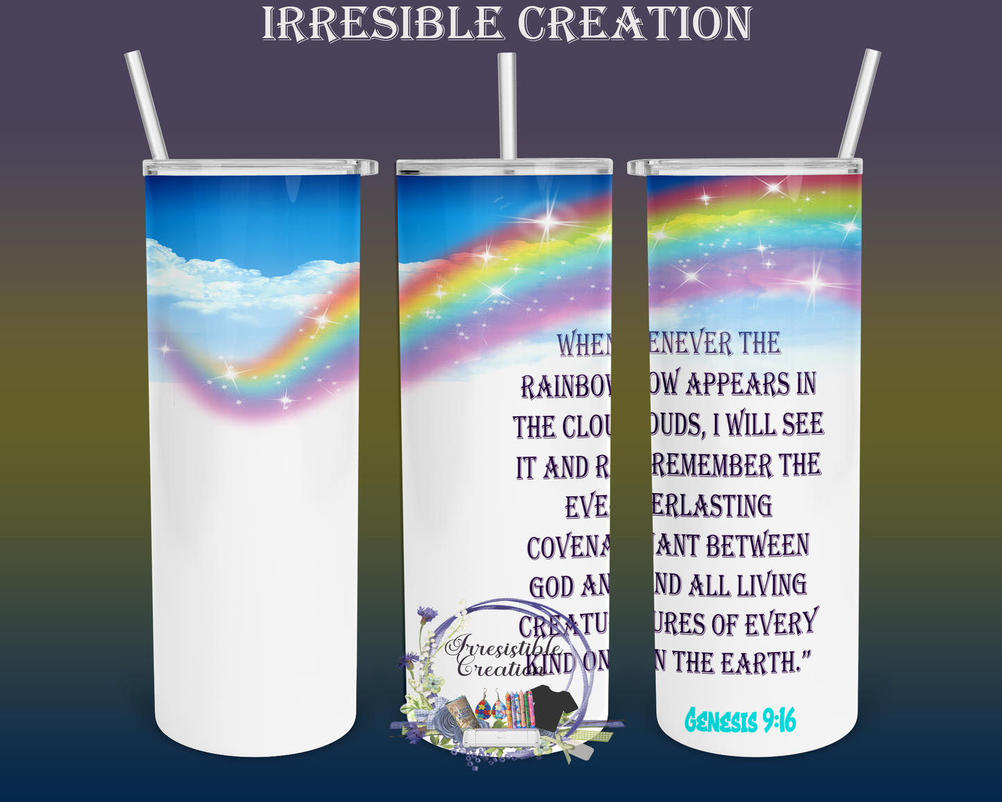 Custom-made by Irresistible Creation, this 20 oz tumbler features the inspiring quote from Genesis 9:16. Perfect for keeping your beverages at the ideal temperature, it combines faith and function in a beautifully designed drinkware piece