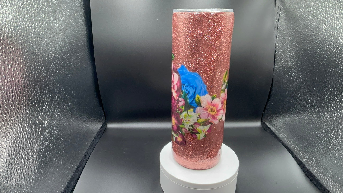 Rose Gold-floral glitter tumbler