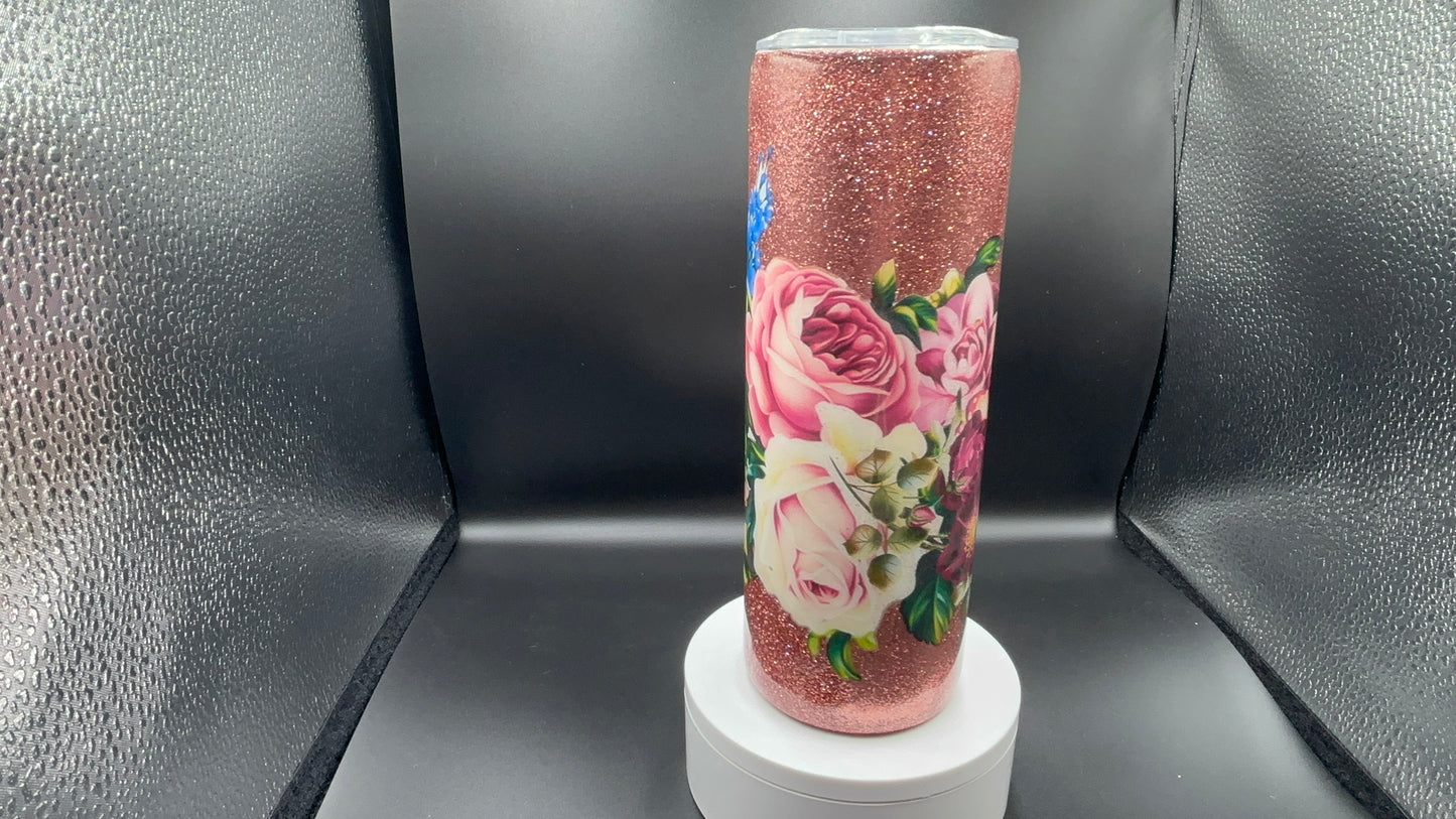 Rose Gold-floral glitter tumbler