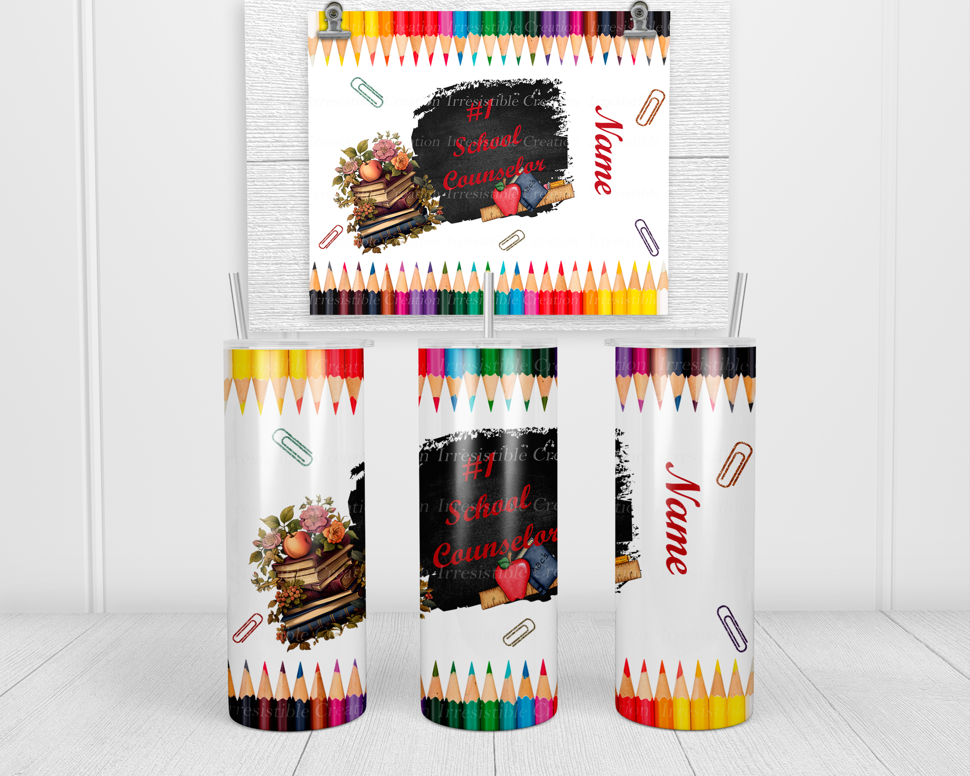 "20 oz tumbler featuring a vibrant colored pencil border at the top and bottom, with a chalkboard center displaying the word '#1 School Counselor.' Perfect for educators, this design includes charming illustrations of books and paperclips, making it a thoughtful and practical gift."