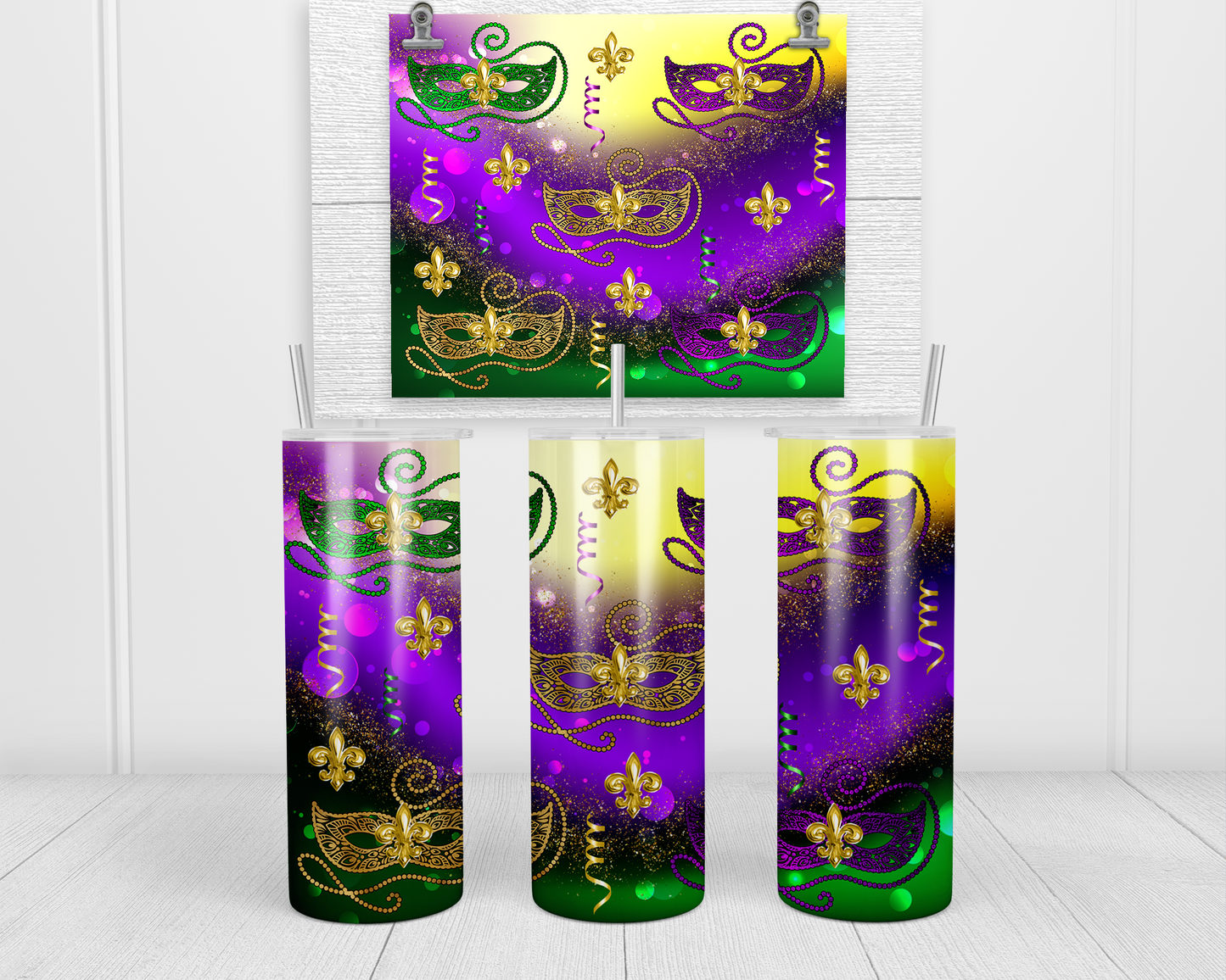 Celebrate Mardi Gras in style with this 20 oz tumbler, surrounded by vibrant Mardi Gras masks. Perfect for keeping your beverages hot or cold, it embodies the festive and colorful spirit of the carnival season