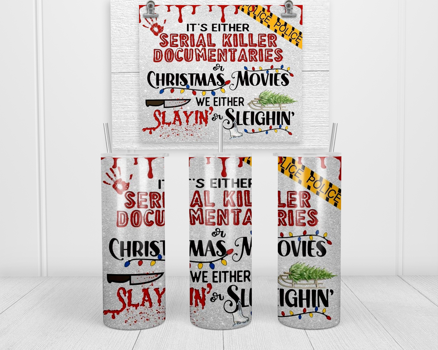 Celebrate the festive season with this 20 oz tumbler featuring the playful phrase 'Either Slayin' or Sleighin'.' Perfect for spreading holiday cheer, it's ideal for keeping your drinks hot or cold while you enjoy the Christmas festivities.